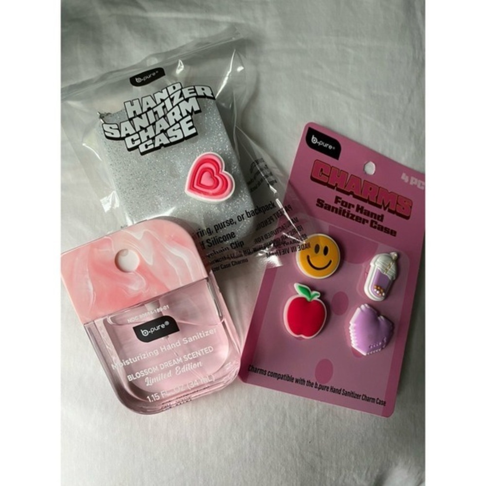 b.pure Pink Blossom Dream Tie Dye Sanitizer, Clear Glitter Case, card w/4 charms